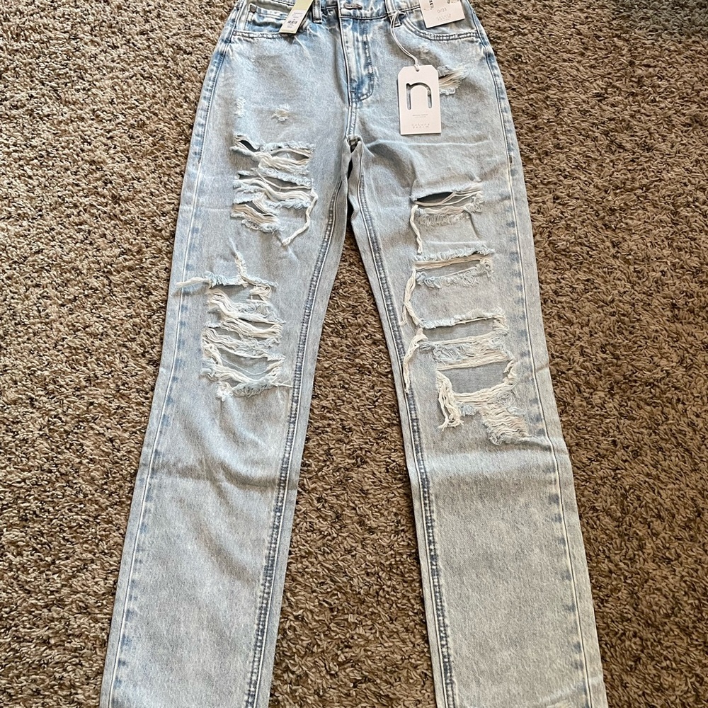 Francesca's Collections Blue Straight Leg Jeans Distressed